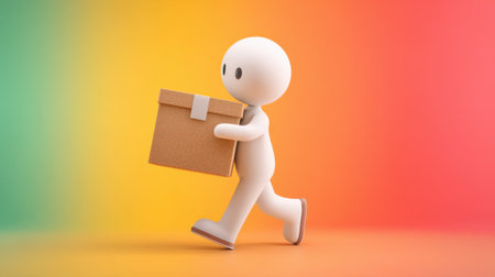 A small character walks with a box in hand against a bright background of colors.の素材