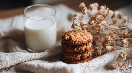 Delicious oatmeal cookies are stacked next to a glass of fresh milk and dried flowers creating a warm atmosphere.の素材