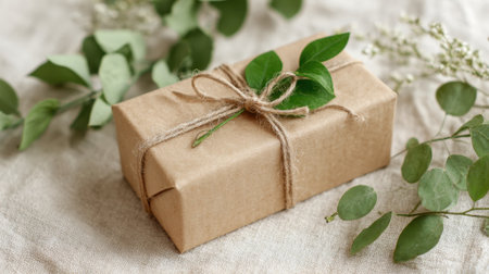 A beautifully wrapped parcel sits among fresh greenery creating a serene and inviting scene filled with natural charm.の素材
