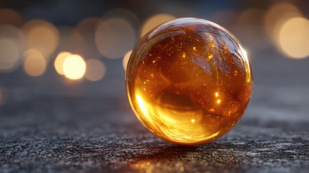 A luminous golden sphere is placed on a dark textured surface creating enchanting reflections as dusk falls.の素材
