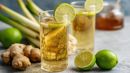 Two tall glasses filled with a fizzy ginger lime drink sit beside fresh limes and ginger root.の素材