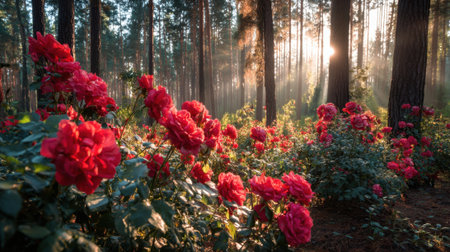 Red roses flourish in a tranquil forest as sunlight dances through tall trees at dusk.の素材