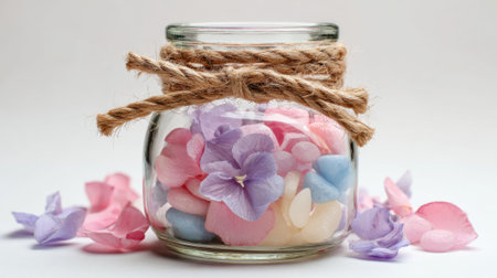 Delicate pastel petals fill a glass jar tied with twine set against a soft background.の素材