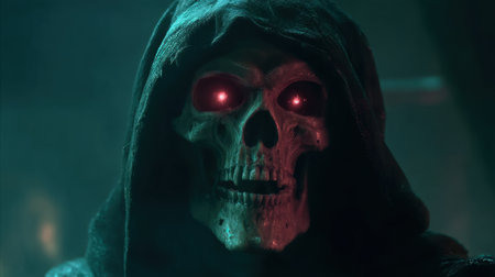 A dark figure with a skeletal face and glowing red eyes stands in a shadowy environment creating an eerie atmosphere.の素材