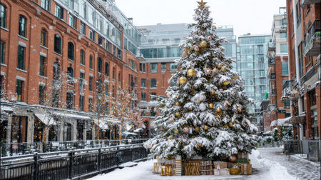 A stunning Christmas tree stands tall adorned with golden ornaments in a snowy urban setting.の素材