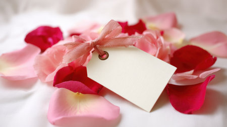Soft rose petals in pink and red create a gentle backdrop for a blank card adorned with a ribbon.の素材