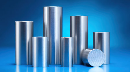 Silver metal cylinders of different sizes shine under soft blue lighting creating a modern look.の素材