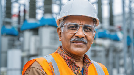 A dedicated worker wearing a helmet and safety glasses poses proudly at an energy facility.の素材