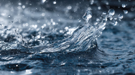 Water droplets burst into splashes creating captivating ripples on a calm surface during rain.の素材