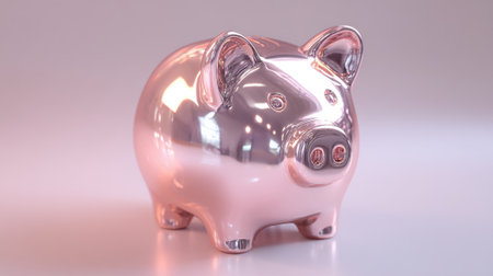 A glossy pink piggy bank stands still catching light and creating a cheerful atmosphere in the room.の素材