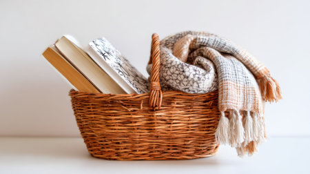 A woven basket filled with books and a soft blanket creates a cozy home environment perfect for reading.の素材