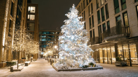A beautifully lit Christmas tree stands proudly in a snowy courtyard surrounded by buildings.の素材