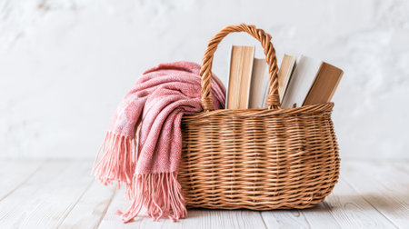 A wicker basket holds soft books and a warm blanket creating a welcoming space for reading.の素材