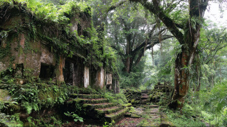 A tranquil scene of forgotten structures surrounded by vibrant plants and towering trees.の素材