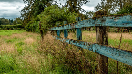 A rustic blue fence stretches across a green field surrounded by tall grass and trees under cloudy skies.の素材