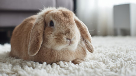 A fluffy bunny relaxes on a warm carpet in a calm and inviting living room setting.の素材