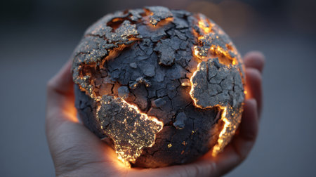 Inspired by global warming a glowing globe showcases cracked earth held in a hand.の素材