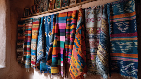 Beautifully crafted textiles adorn the wall vibrant colors creating an inviting atmosphere in the workshop.の素材