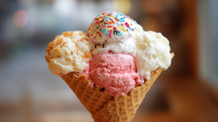 A joyful cone filled with three flavors of ice cream topped with colorful sprinkles perfect for summer.の素材
