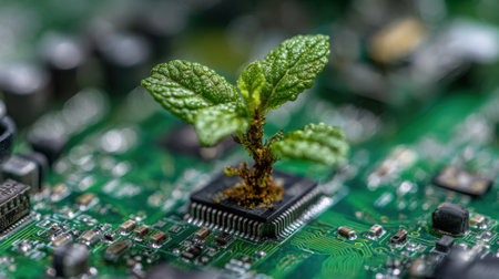 A small green plant emerges from a circuit board blending nature with technology in a vibrant scene.の素材