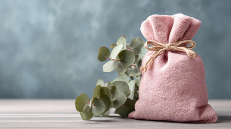 A soft pink pouch tied with twine rests on a wooden surface accompanied by fresh eucalyptus leaves.の素材