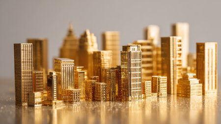 Small golden buildings create an intricate cityscape shining in warm light revealing fine details.の素材