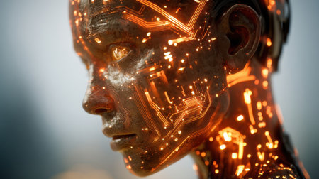 A close up view of a humanoid face with illuminated circuitry patterns emanating a warm glow.の素材