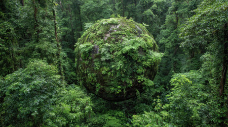 Exploring a hidden forest where an enormous orb is enveloped in vibrant green foliage creating wonder.の素材