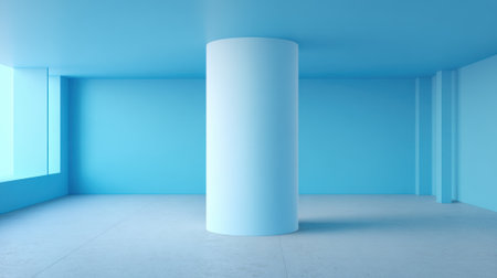 A spacious room features soft blue walls and a striking white column inviting tranquility.の素材