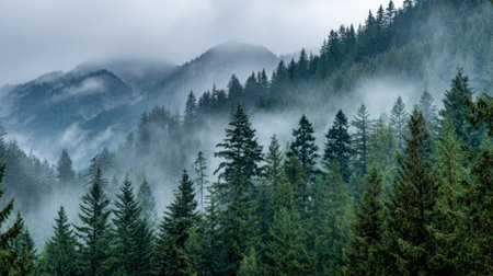 A serene forest scene unfolds with towering trees shrouded in soft fog evoking calmness.の素材