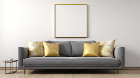 A cozy living room showcases a gray sofa adorned with bright yellow pillows inviting relaxation.の素材