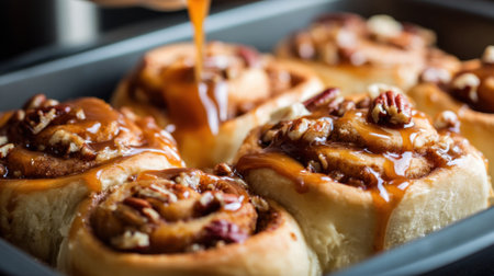 Warm cinnamon rolls topped with pecans are generously coated in rich caramel in a kitchen.の素材