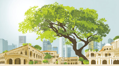 Lush foliage of a large tree contrasts with historic architecture and skyscrapers in the city.の素材
