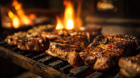 Juicy pieces of meat sear over vibrant flames creating a warm and inviting atmosphere for grilling.の素材