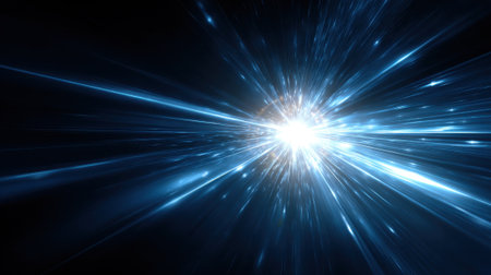 A brilliant explosion of light bursts through dark space creating vibrant blue streaks that radiate.の素材
