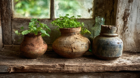 Three handcrafted clay pots filled with vibrant herbs rest on a weathered shelf by a quaint window.の素材