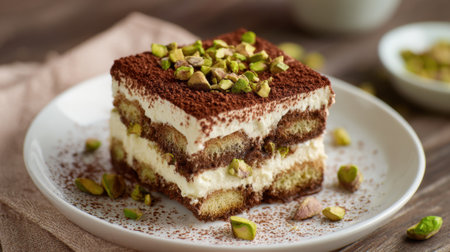 A rich tiramisu dessert showcases layers of cream and coffee soaked ladyfingers adorned with pistachios.の素材