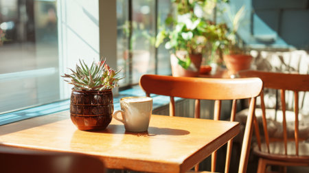 Sunlight fills a charming cafe highlighting a succulent plant and a steaming cup of coffee on a wooden table.の素材