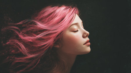 A young person with vibrant pink hair enjoys a peaceful moment eyes closed and expression calm.の素材