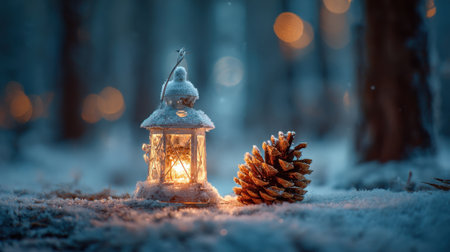 A warm lantern stands in delicate snow next to a pinecone in a peaceful winter scene.の素材