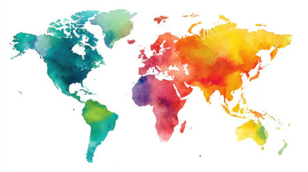 A beautiful watercolor depiction of the world featuring colorful continents and flowing oceans with intricate patterns.の素材