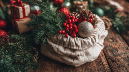 A cozy holiday sack rests on a wooden table decorated with red berries and shiny ornaments.の素材