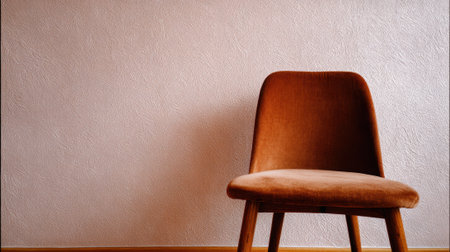 A soft brown chair reflects calmness sitting empty against a light textured wall.の素材
