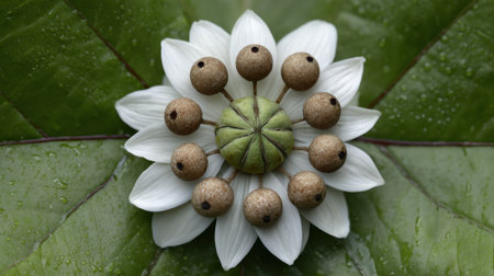 A delicate flower with white petals surrounds a green center accompanied by brown seed pods on lush leaves.の素材