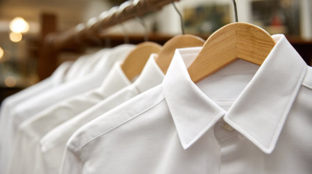 White shirts are neatly displayed on wooden hangers in a warm inviting shop.の素材