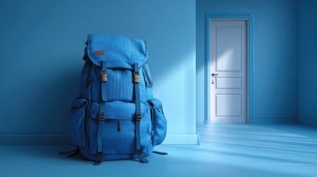 A striking blue backpack rests on the floor of a calm blue room illuminated by gentle light.の素材