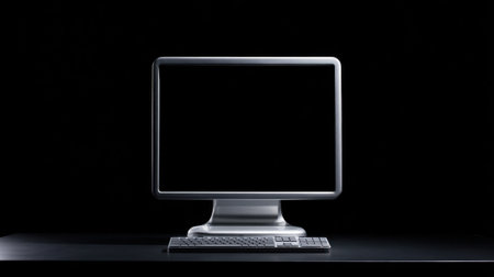 A sleek computer monitor stands on a black desk showcasing its minimalist style and dark surroundings.の素材