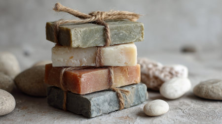 Four different colored soap bars tied together sit on a textured surface with smooth stones around.の素材