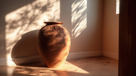 Sunlight filters through the window casting gentle shadows on a clay vase placed in a quiet nook.の素材