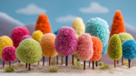 Fluffy colorful trees pop against a serene blue sky creating a joyful and imaginative scene in nature.の素材